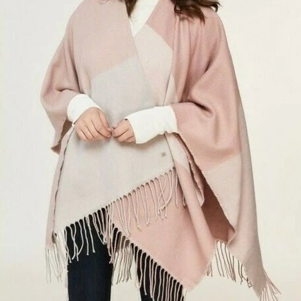 SOIA & KYO COLORBLOCK SCARFIGAN NUDE PINK WRAP SCARF WITH FRINGE OPEN PONCHO NWT